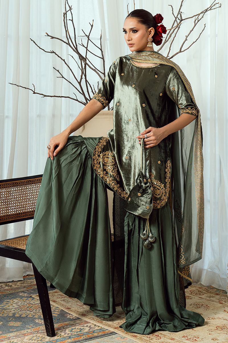 Fatima Khan | Warm Whisper Velvet 25 | Olive Dynasty - Formal Dress - available at Maria Faisal in UK and USA.