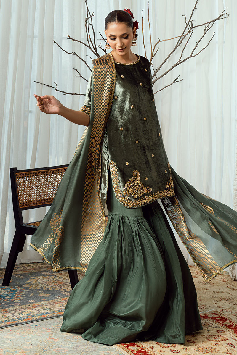 Fatima Khan | Warm Whisper Velvet 25 | Olive Dynasty - Formal Dress - available at Maria Faisal in UK and USA.