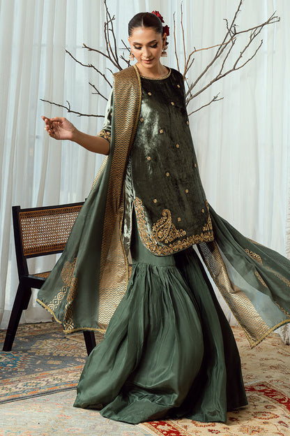 Fatima Khan | Warm Whisper Velvet 25 | Olive Dynasty - Formal Dress - available at Maria Faisal in UK and USA.
