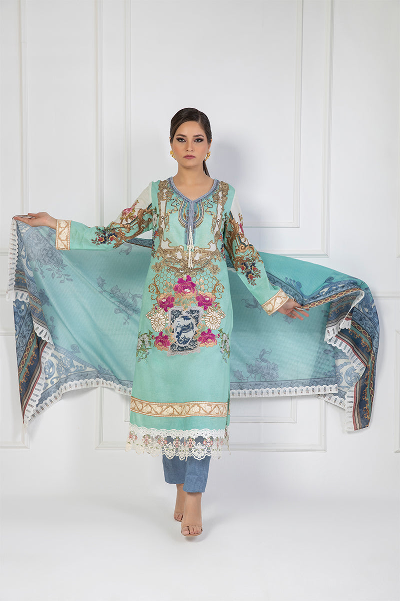Shamaeel Ansari | Bagh e Bahar Lawn | Gulnaar Ferozi - Luxury Dress - available at Maria Faisal in UK and USA.
