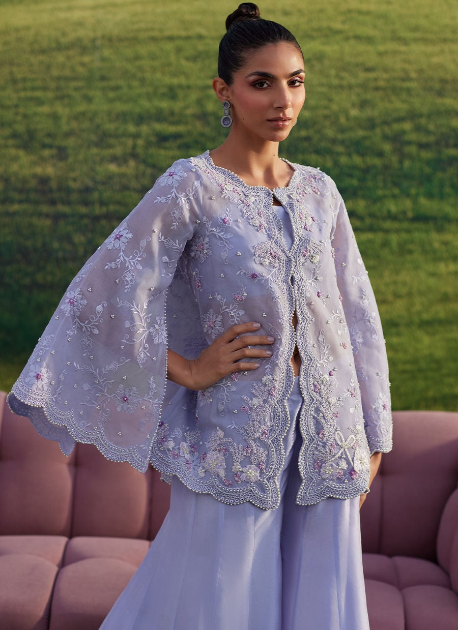 Farah Talib Aziz | Luna Eid 26 | Lilac Haze Jacket - Luxury Dress - available at Maria Faisal in UK and USA.