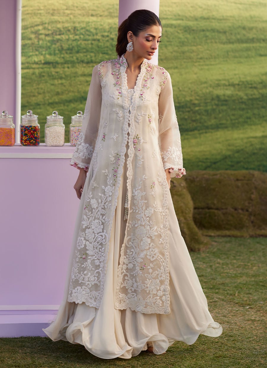 Farah Talib Aziz | Luna Eid 26 | Melia Jacket - Luxury Dress - available at Maria Faisal in UK and USA.