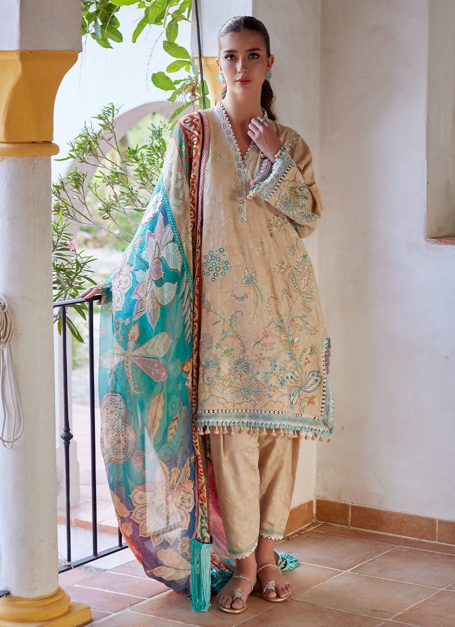 Farah Talib Aziz | Luxury Lawn 26 | Isabella Sand - Luxury Dress - available at Maria Faisal in UK and USA.