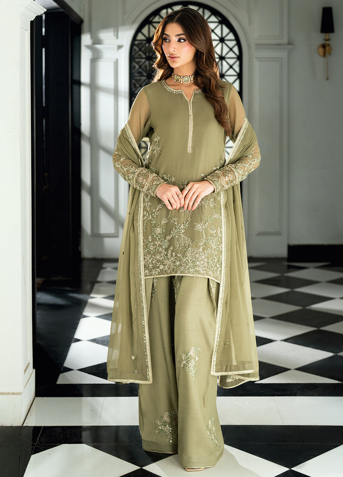 Grape Green Sequins Embroidered Chiffon Short Shirt - Sahane | Maison D ...