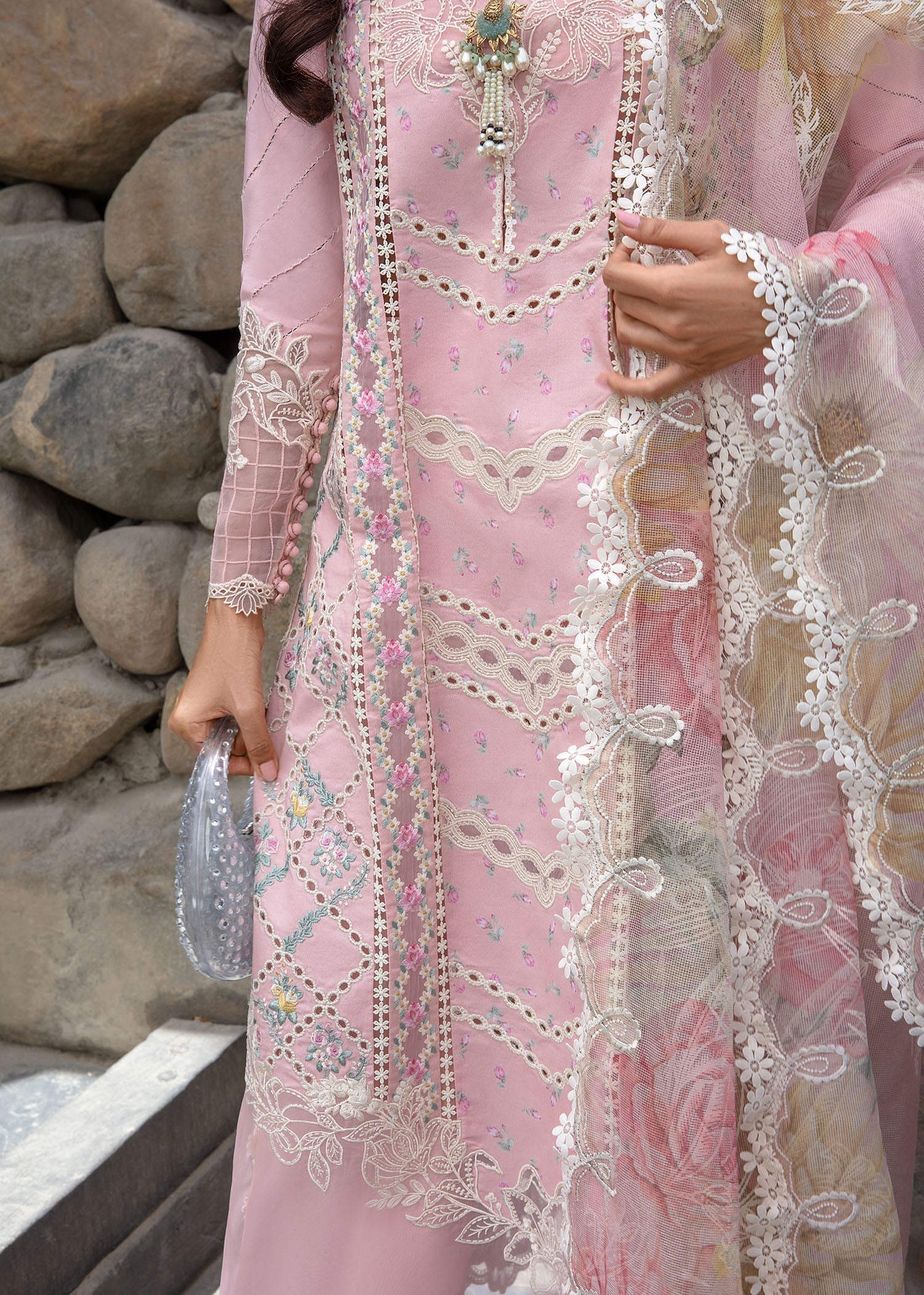 Crimson | Lawn 2024 | A Floral Mesh - Rose Pink - Ladies Clothes 