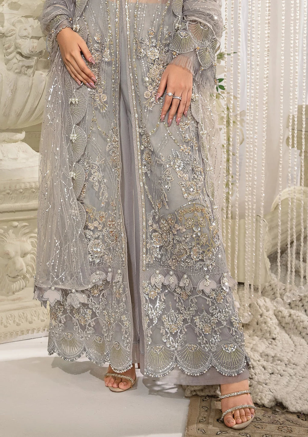 Elaf Premium | Evara Formals 24 | EFE-04 DOVE - Designer Dress with Intricate embroidery and embellishments. Shop elegent wedding dress at Maria Faisal.