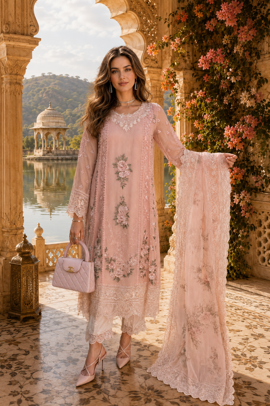 Saadia Asad | Nooriyah Luxury Chiffon | D2 - Satin Rose - Formal Dress - available at Maria Faisal in UK and USA.