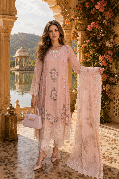 Saadia Asad | Nooriyah Luxury Chiffon | D2 - Satin Rose - Formal Dress - available at Maria Faisal in UK and USA.