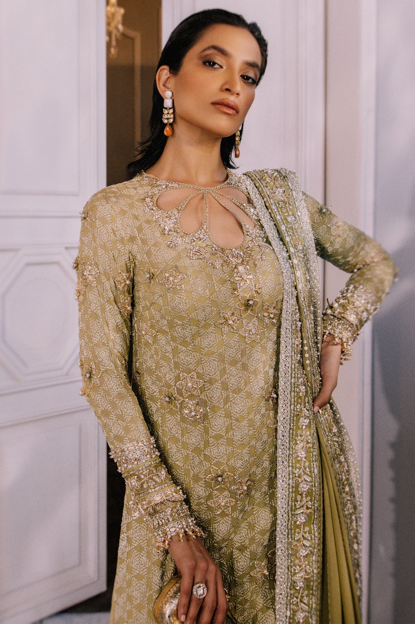 Elan | Demi Couture Onirique | ÃCLAT VERT (EP-20658) - Designer Dress with Intricate embroidery and embellishments. Shop elegent wedding dress at Maria Faisal.
