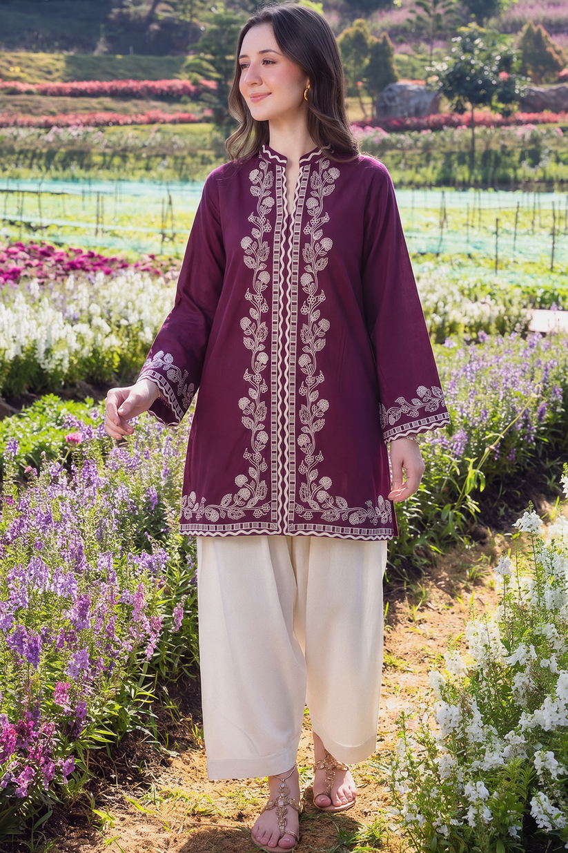 Saad Shaikh | Ease Fall Edit 26 | Prune - Casual Dress - available at Maria Faisal in UK and USA.
