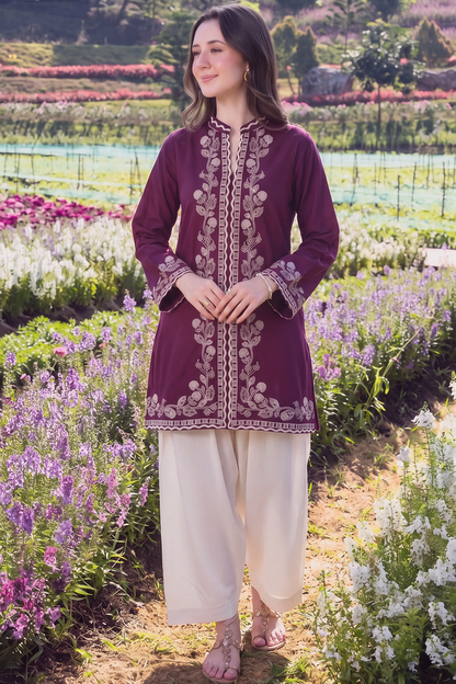 Saad Shaikh | Ease Fall Edit 26 | Prune - Casual Dress - available at Maria Faisal in UK and USA.