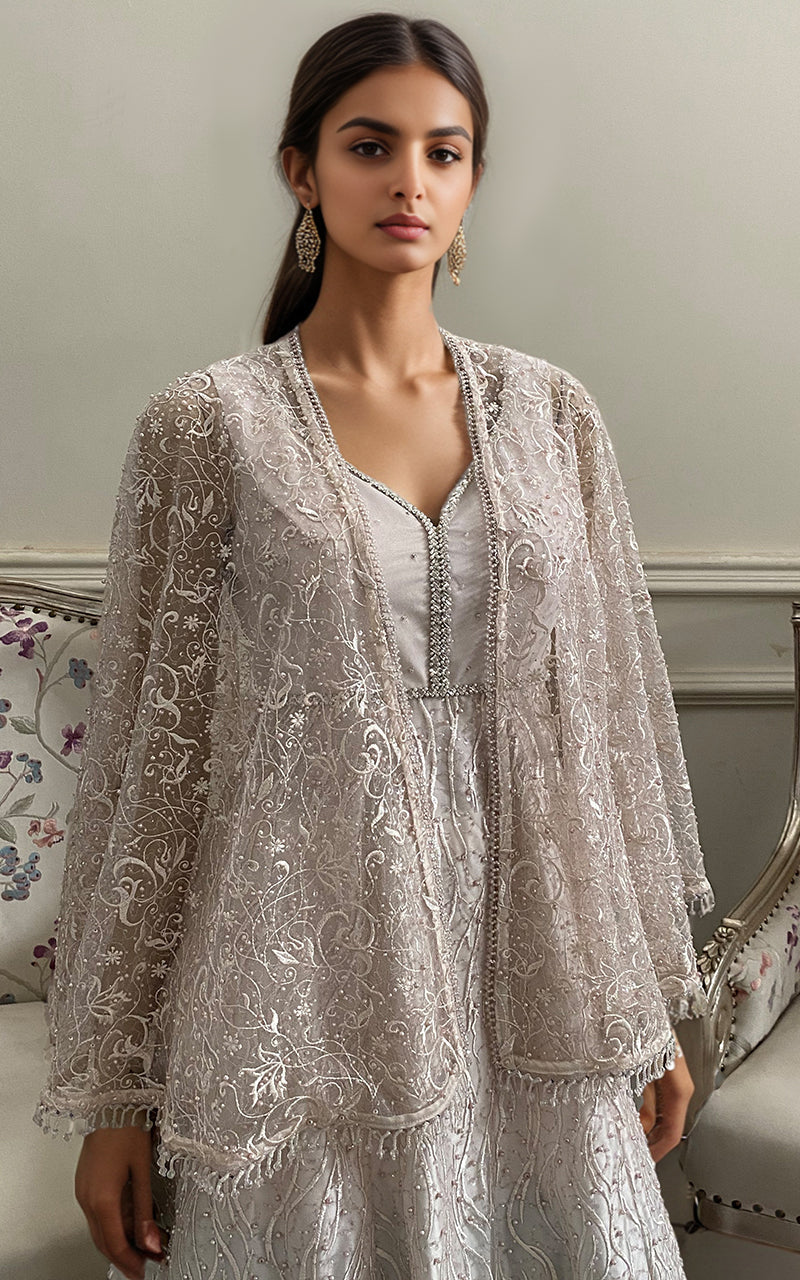 Threads and Motifs | Formal Dresses 25 | Net Embroidered Maxi With Embroidered Cape - Ladies Clothes - Maria Faisal
