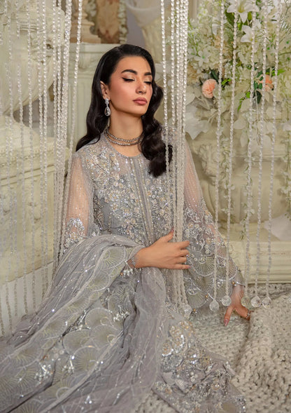 Elaf Premium | Evara Formals 24 | EFE-04 DOVE - Designer Dress with Intricate embroidery and embellishments. Shop elegent wedding dress at Maria Faisal.