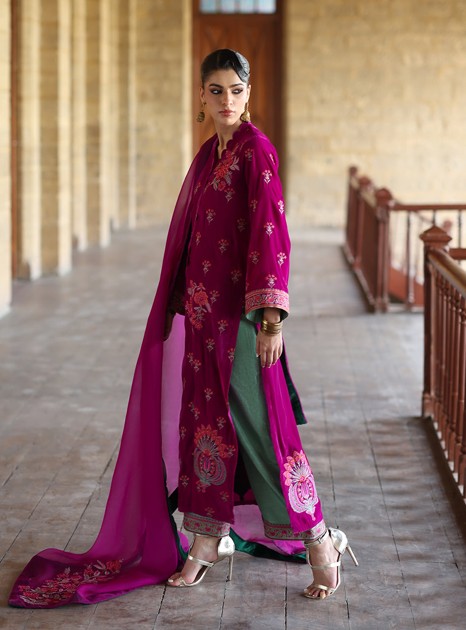 Zainab Chottani | Velura Velvet Edit 25 | Mulberry Long Shirt - Formal Dress - available at Maria Faisal in UK and USA.