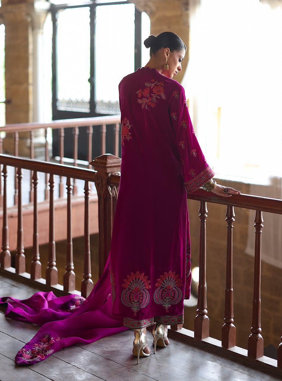 Zainab Chottani | Velura Velvet Edit 25 | Mulberry Long Shirt - Formal Dress - available at Maria Faisal in UK and USA.