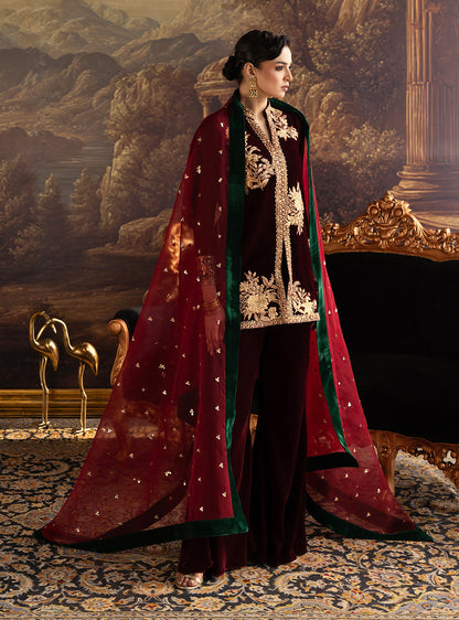 Zainab Chottani | Velura Velvet Edit 25 | Claret Flared Pants - Formal Dress - available at Maria Faisal in UK and USA.