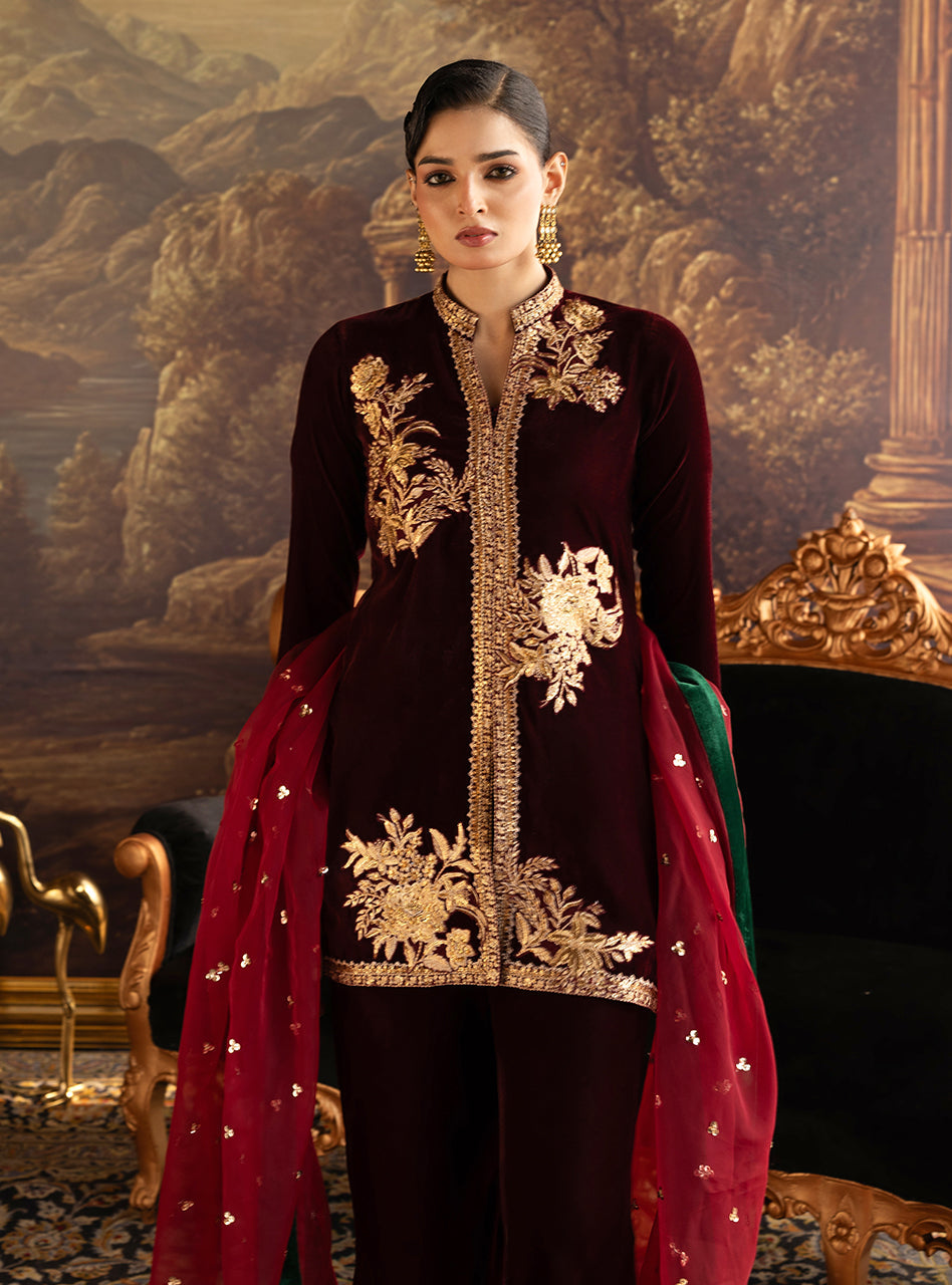 Zainab Chottani | Velura Velvet Edit 25 | Claret Flared Pants - Formal Dress - available at Maria Faisal in UK and USA.