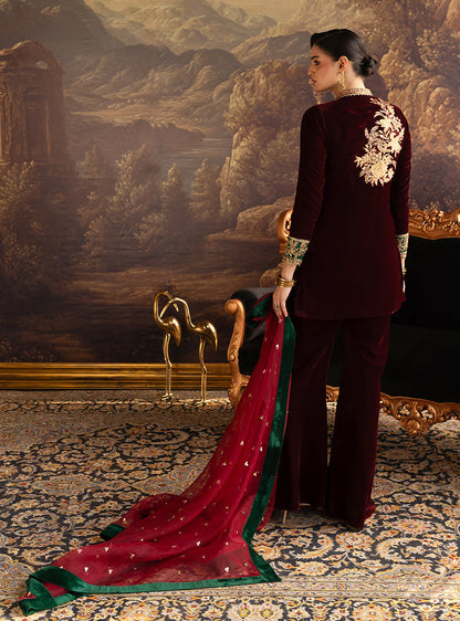 Zainab Chottani | Velura Velvet Edit 25 | Claret Flared Pants - Formal Dress - available at Maria Faisal in UK and USA.