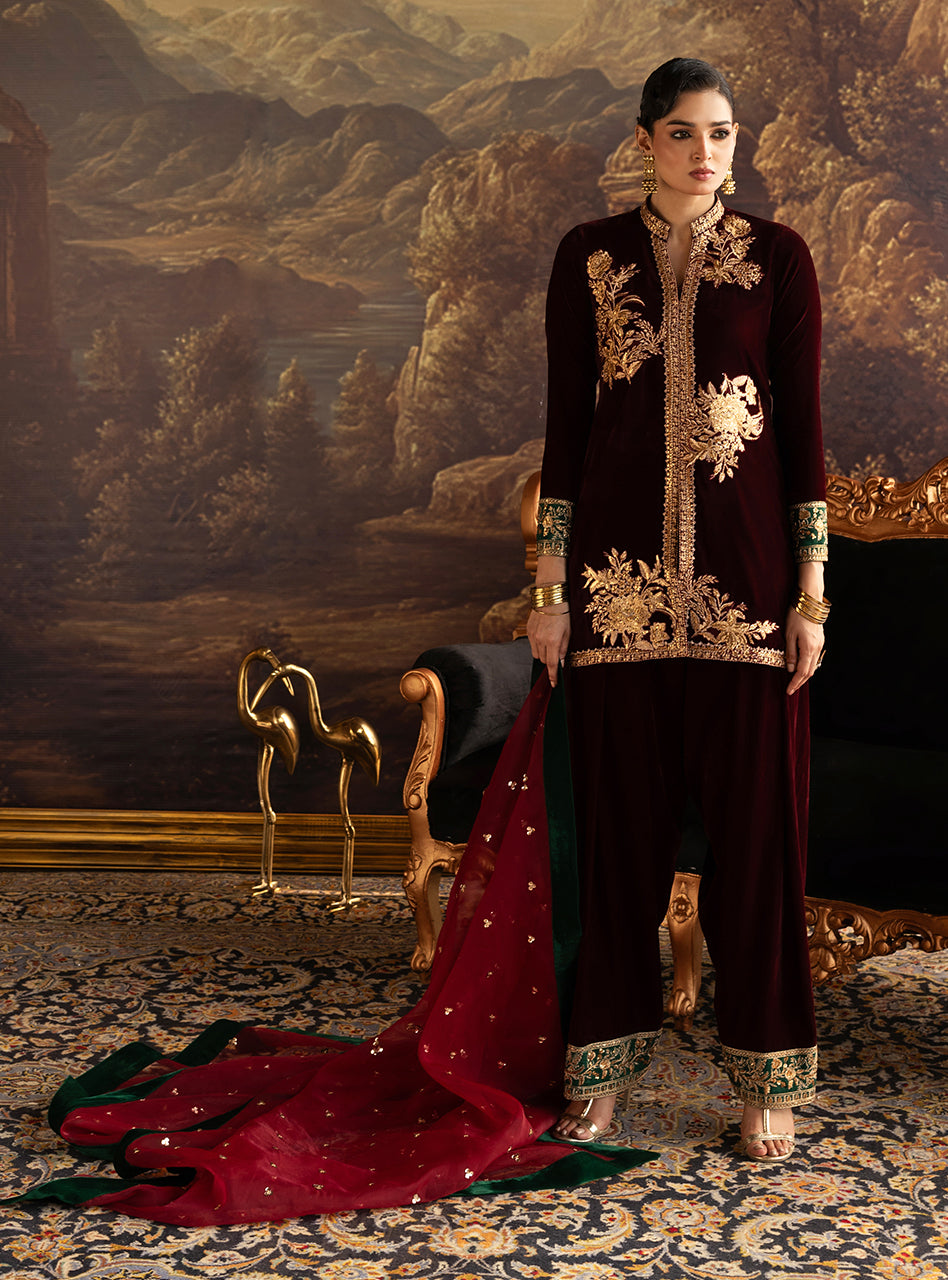 Zainab Chottani | Velura Velvet Edit 25 | Claret Farshi - Formal Dress - available at Maria Faisal in UK and USA.