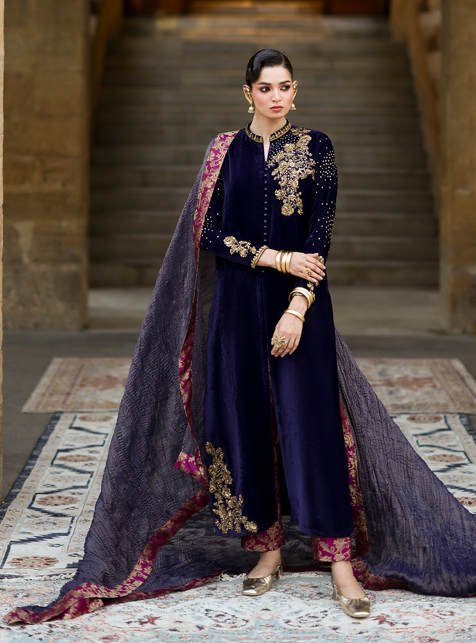 Zainab Chottani | Velura Velvet Edit 25 | Celine Gold - Formal Dress - available at Maria Faisal in UK and USA.