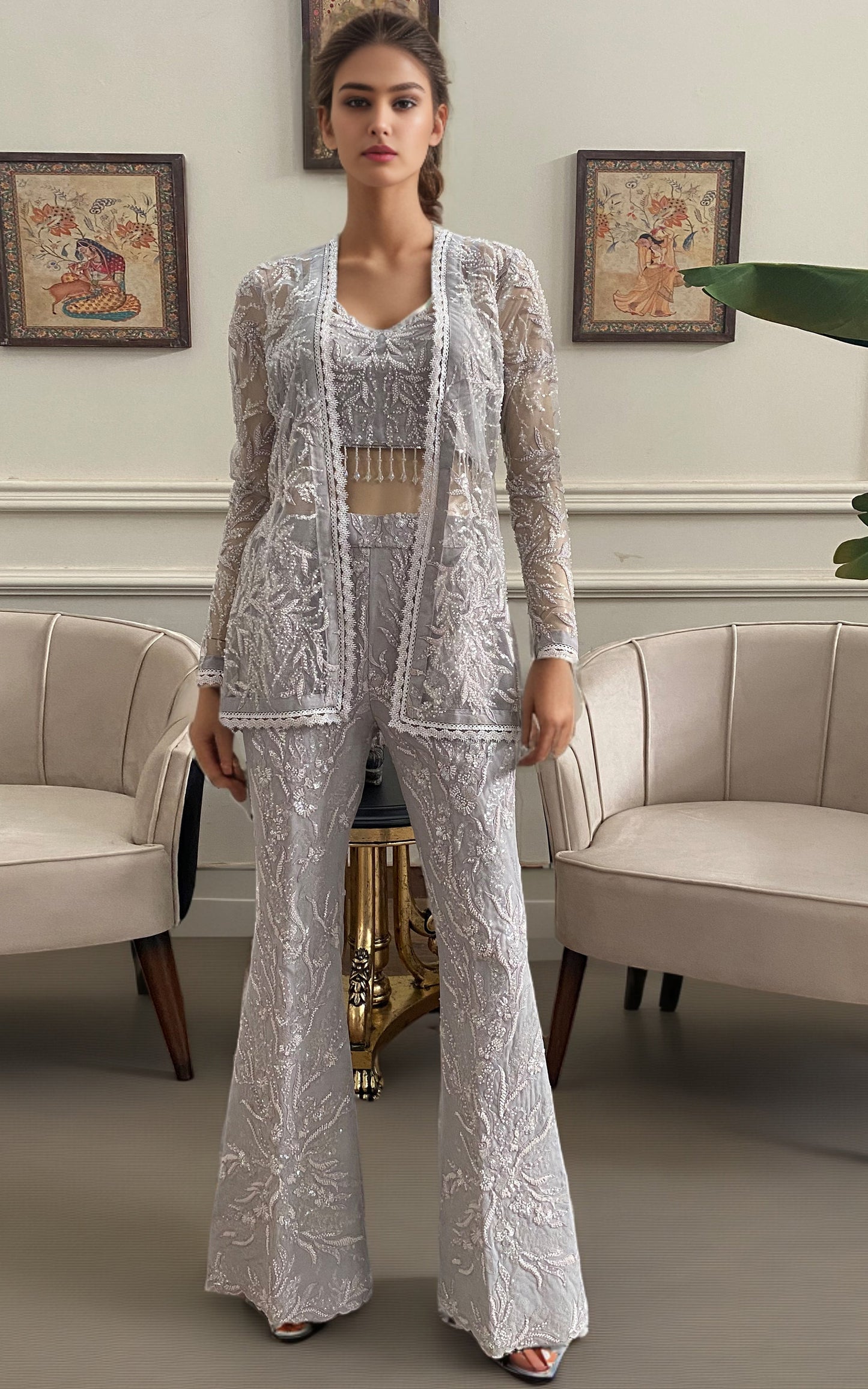 Threads and Motifs | Formal Dresses 25 | Net Embroidered Jacket With Embroidered Trouser - Ladies Clothes - Maria Faisal