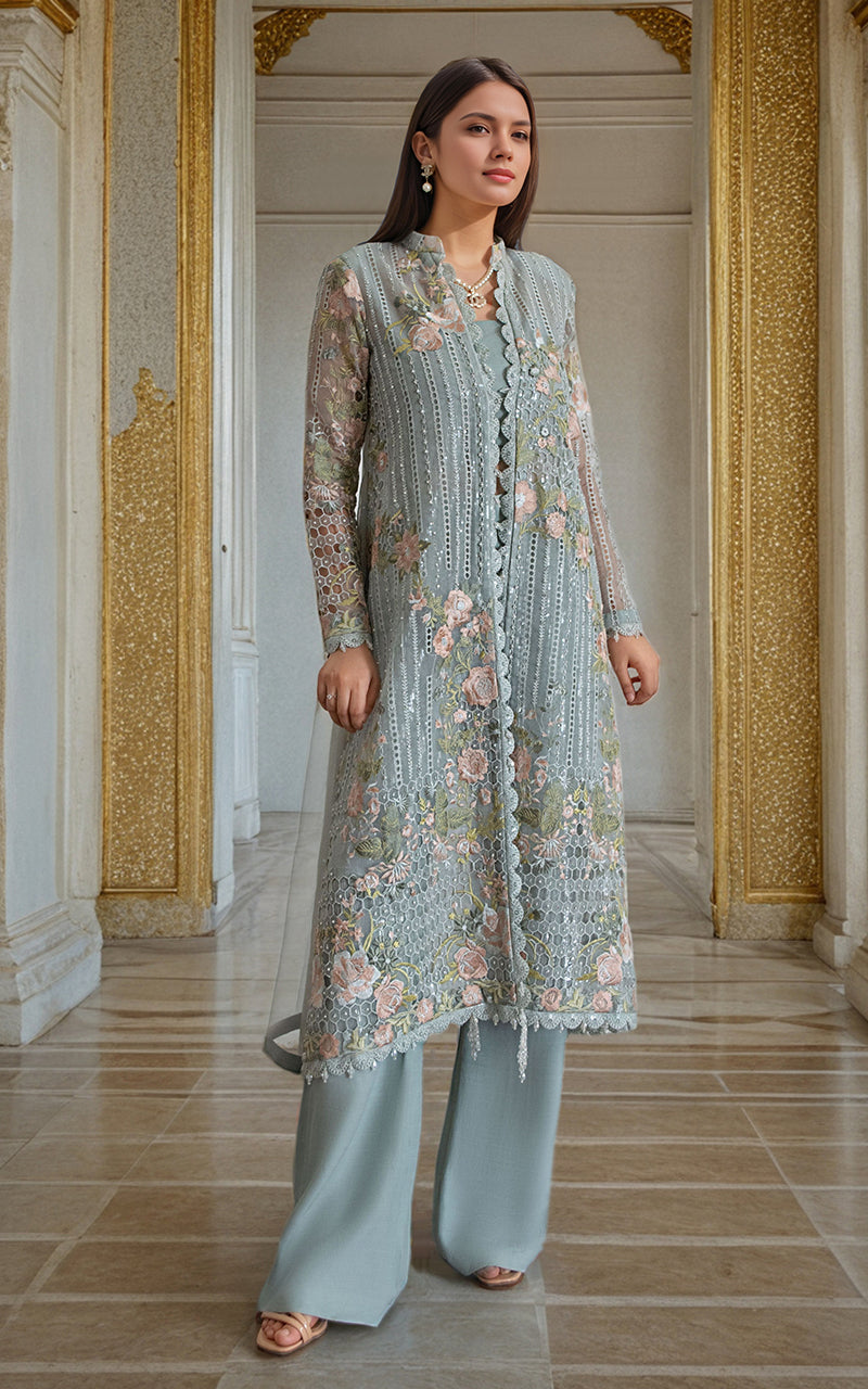 Threads and Motifs | Formal Dresses 25 | Organza Embroidered Front Open Jacket - Ladies Clothes - Maria Faisal