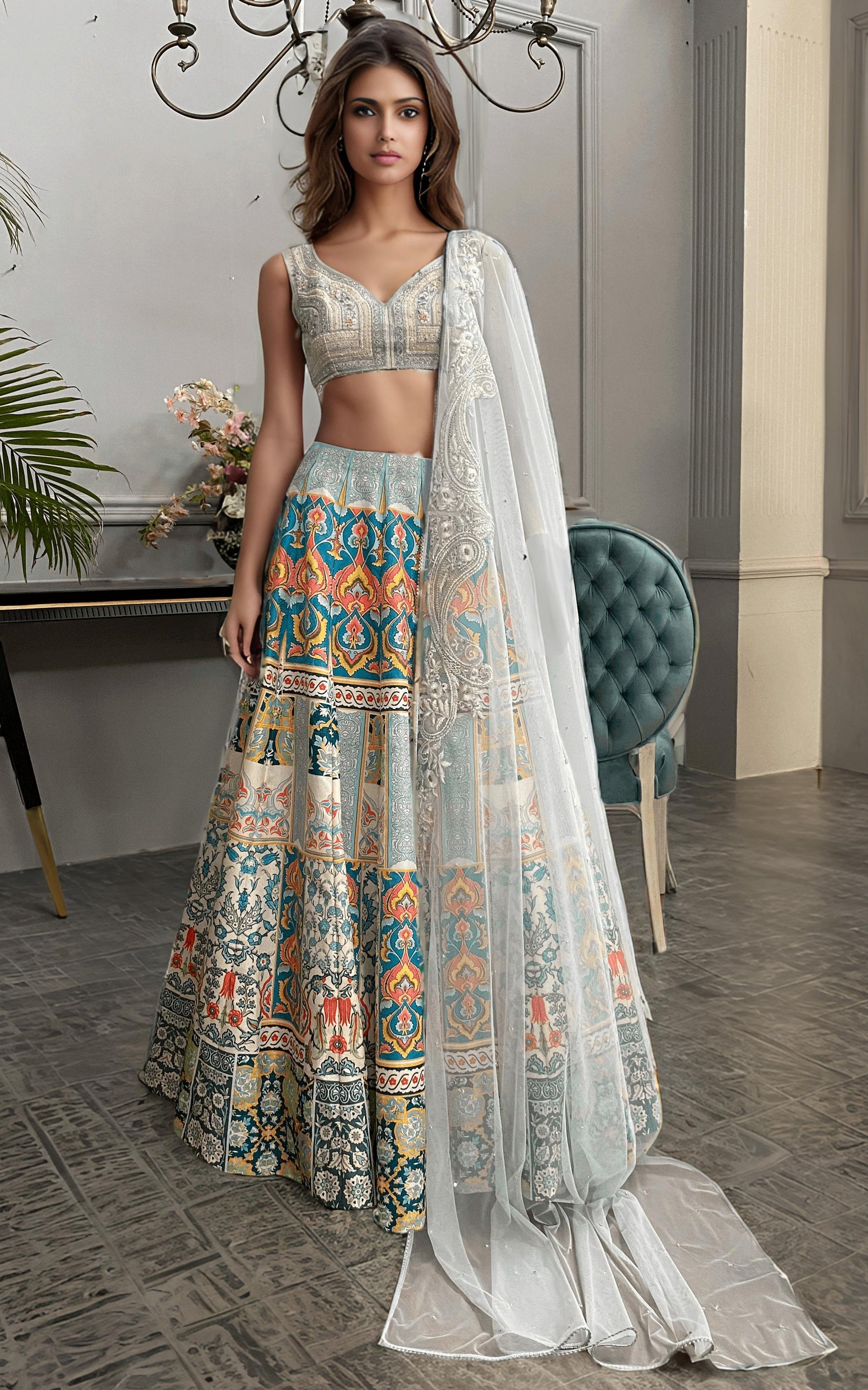Threads and Motifs | Formal Dresses 25 | Embroidered Blouse With Printed Lehenga And Dupatta - Ladies Clothes - Maria Faisal