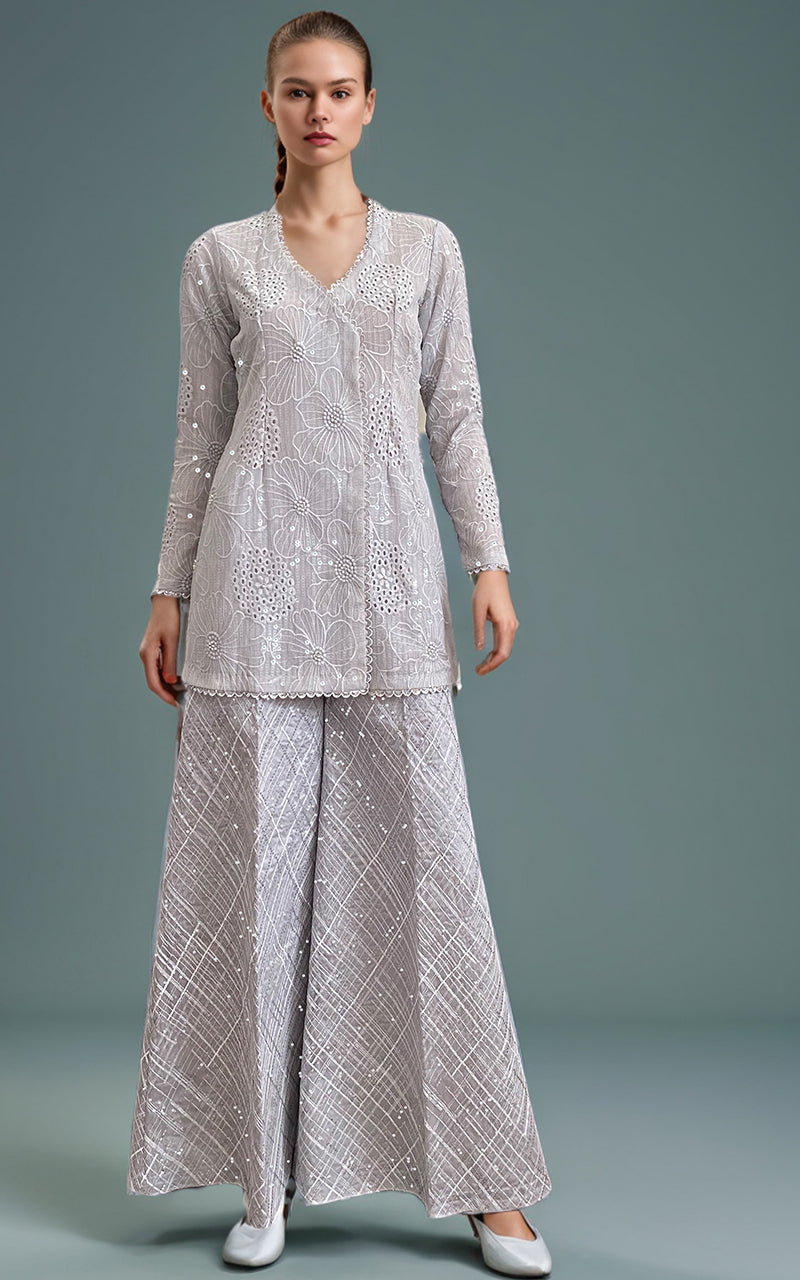 Threads and Motifs | Formal Dresses 25 | Chiffon Chikankari Embroidered Angrakha with Net embroidered trouser - Ladies Clothes - Maria Faisal