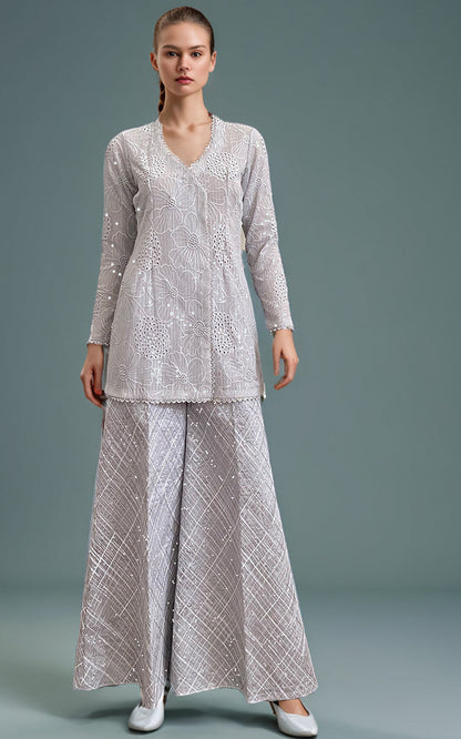 Threads and Motifs | Formal Dresses 25 | Chiffon Chikankari Embroidered Angrakha with Net embroidered trouser - Ladies Clothes - Maria Faisal