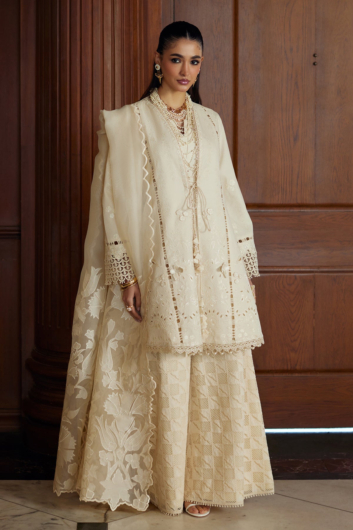 White Cutwork Embroidery Lawn front-open shirt with azaar pant - Saad Bin Shahzad | Summer Pret'26 | LIZA - Festive Dress - available at Maria Faisal in UK and USA.