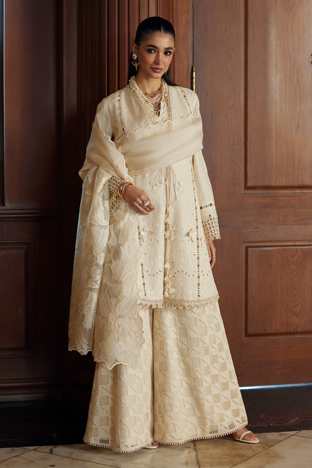 White Cutwork Embroidery Lawn front-open shirt with azaar pant - Saad Bin Shahzad | Summer Pret'26 | LIZA - Festive Dress - available at Maria Faisal in UK and USA.