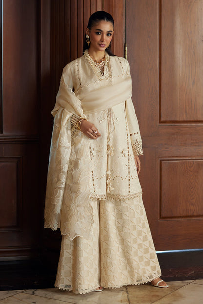 White Cutwork Embroidery Lawn front-open shirt with azaar pant - Saad Bin Shahzad | Summer Pret'26 | LIZA - Festive Dress - available at Maria Faisal in UK and USA.