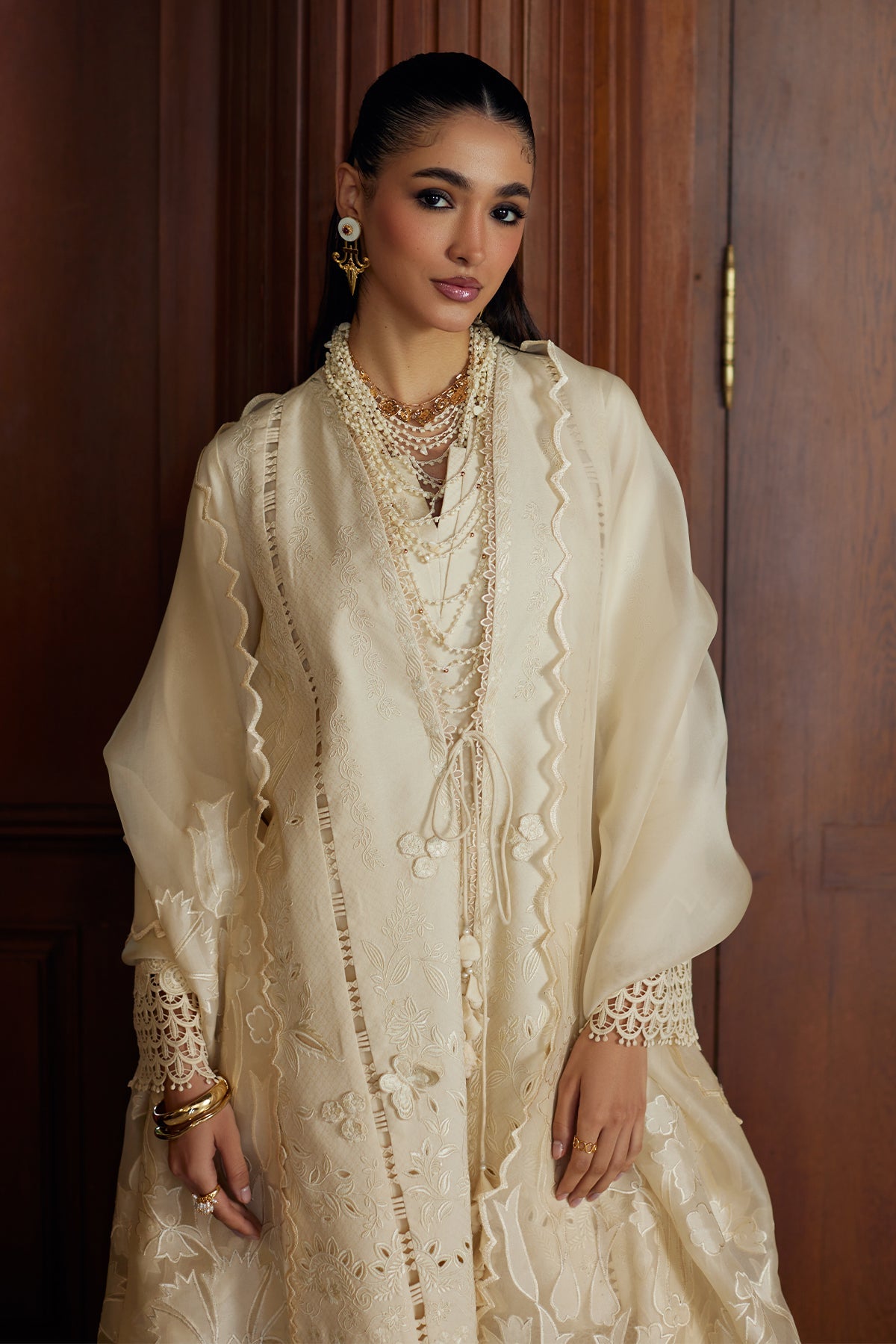 White Cutwork Embroidery Lawn front-open shirt with azaar pant - Saad Bin Shahzad | Summer Pret'26 | LIZA - Festive Dress - available at Maria Faisal in UK and USA.