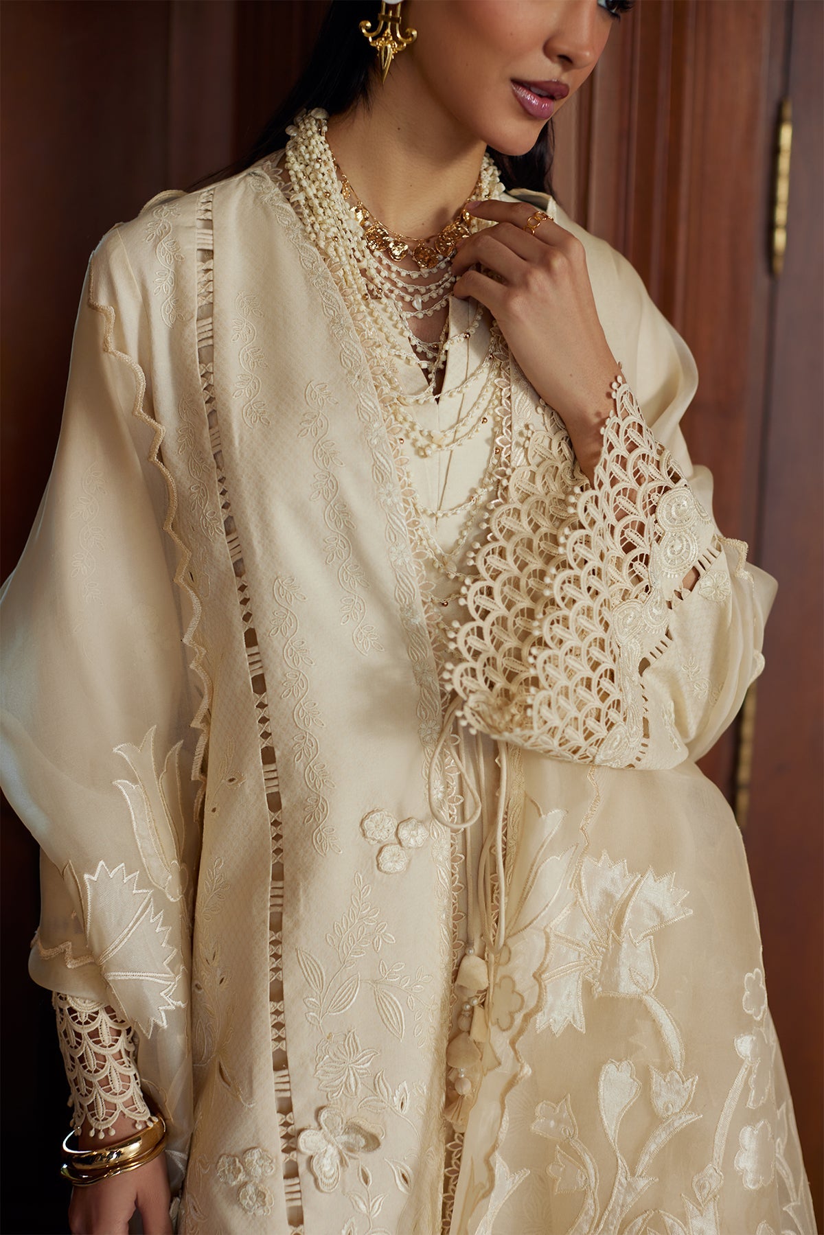 White Cutwork Embroidery Lawn front-open shirt with azaar pant - Saad Bin Shahzad | Summer Pret'26 | LIZA - Festive Dress - available at Maria Faisal in UK and USA.