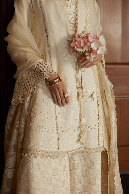 White Cutwork Embroidery Lawn front-open shirt with azaar pant - Saad Bin Shahzad | Summer Pret'26 | LIZA - Festive Dress - available at Maria Faisal in UK and USA.