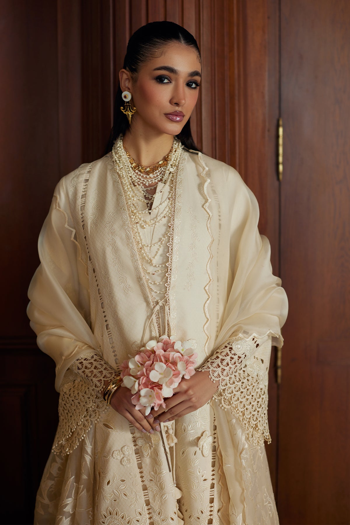 White Cutwork Embroidery Lawn front-open shirt with azaar pant - Saad Bin Shahzad | Summer Pret'26 | LIZA - Festive Dress - available at Maria Faisal in UK and USA.