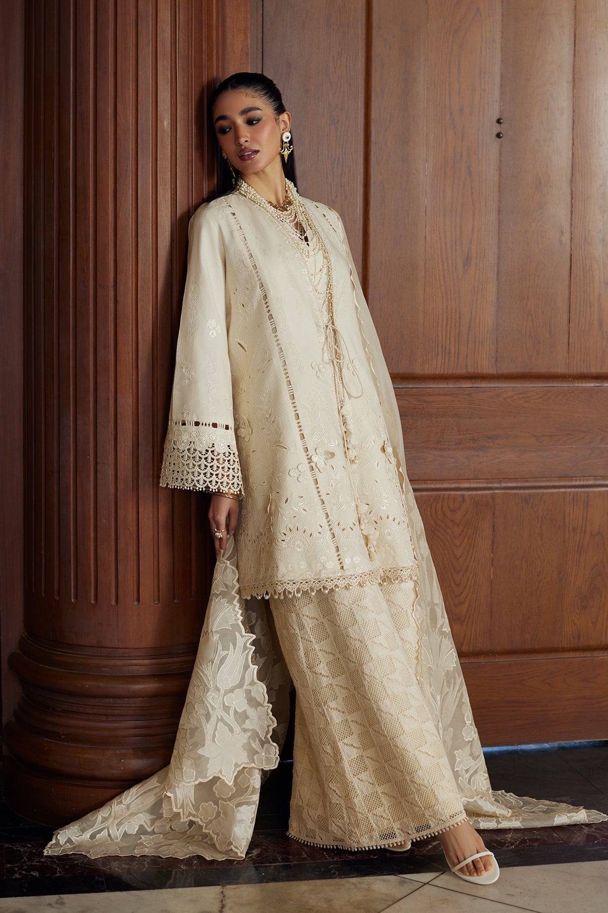 White Cutwork Embroidery Lawn front-open shirt with azaar pant - Saad Bin Shahzad | Summer Pret'26 | LIZA - Festive Dress - available at Maria Faisal in UK and USA.