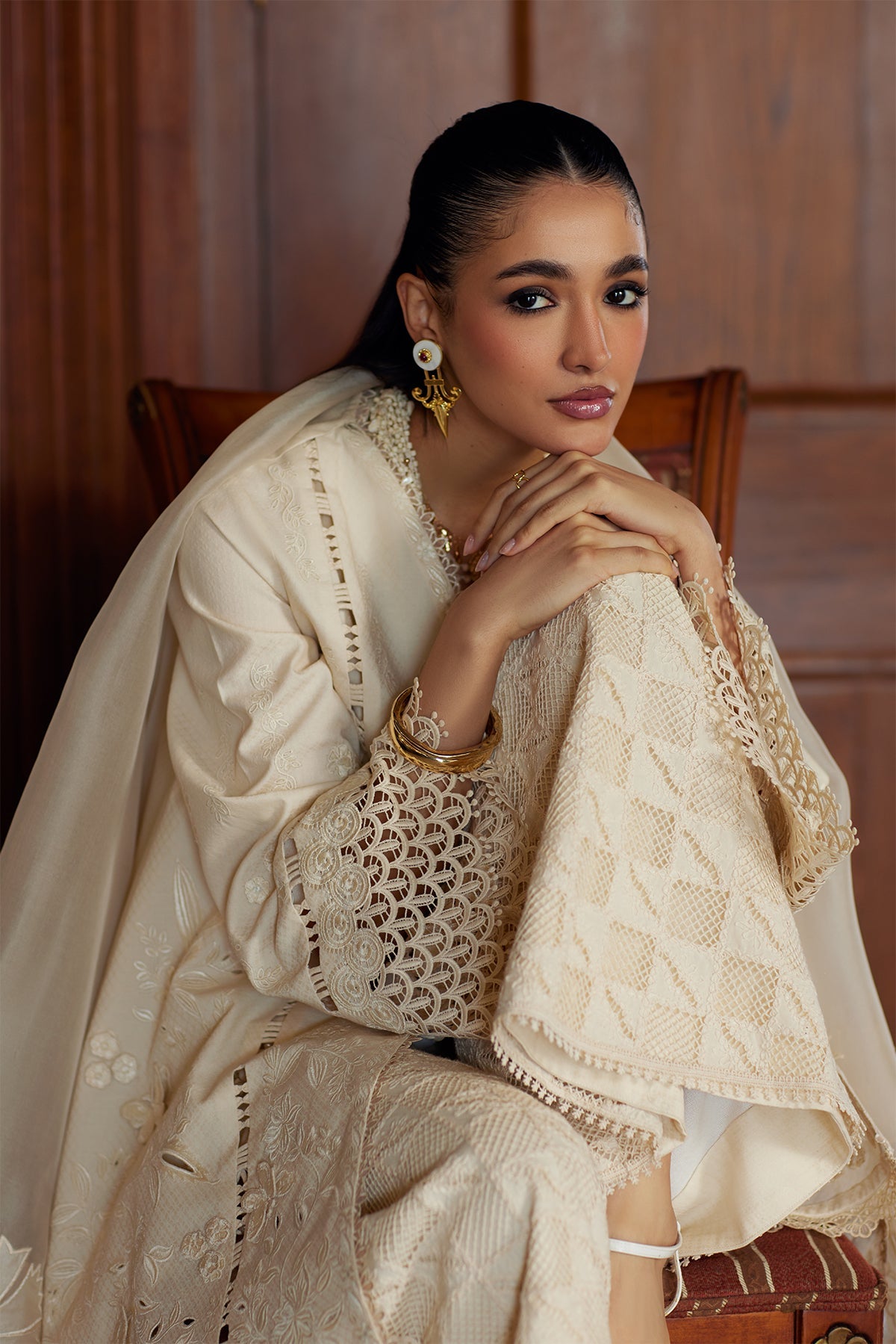 White Cutwork Embroidery Lawn front-open shirt with azaar pant - Saad Bin Shahzad | Summer Pret'26 | LIZA - Festive Dress - available at Maria Faisal in UK and USA.