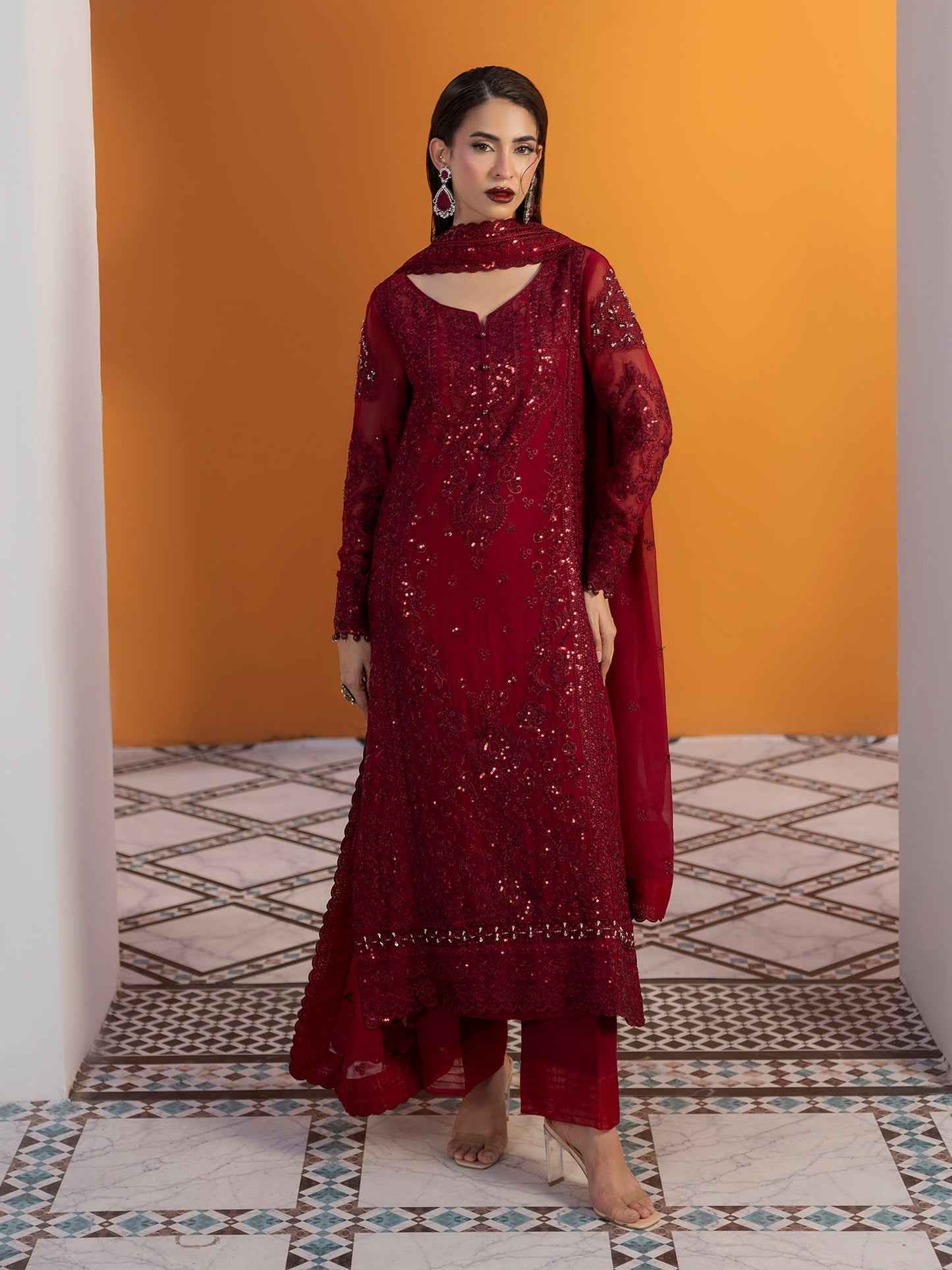 Gulaal | Maeri Luxury Chiffon 26 | Crimson - Formal Dress - available at Maria Faisal in UK and USA.