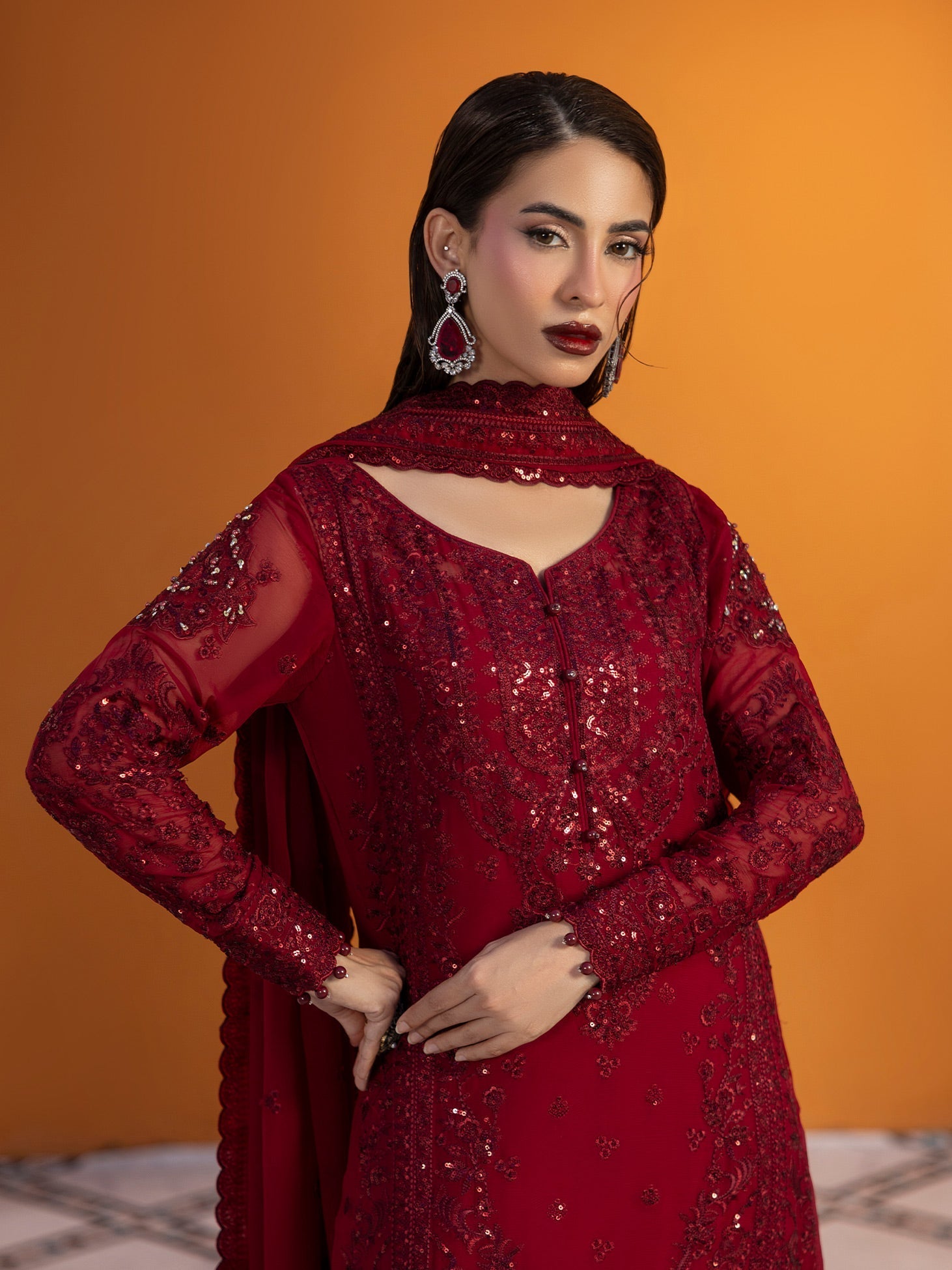 Gulaal | Maeri Luxury Chiffon 26 | Crimson - Formal Dress - available at Maria Faisal in UK and USA.