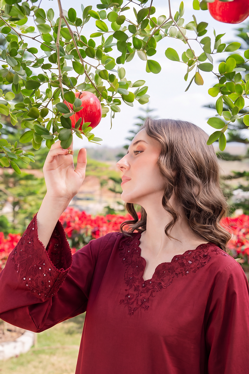 Saad Shaikh | Ease Fall Edit 26 | Merlot - Casual Dress - available at Maria Faisal in UK and USA.