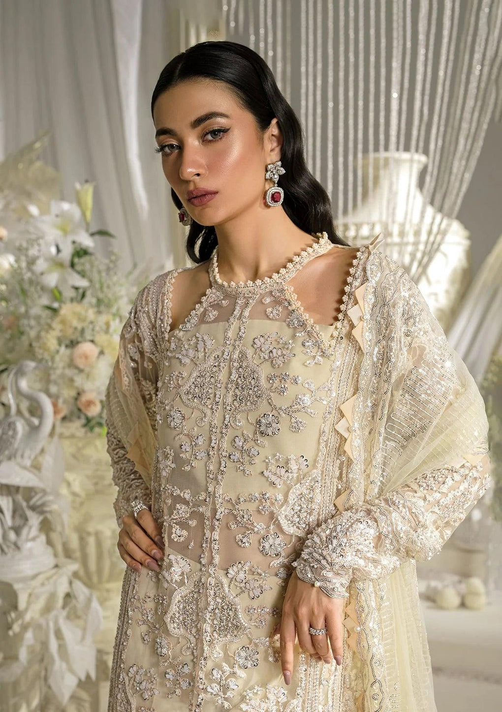 Elaf Premium | Evara Formals 24 | EFE-01 AURA - Designer Dress with Intricate embroidery and embellishments. Shop elegent wedding dress at Maria Faisal.