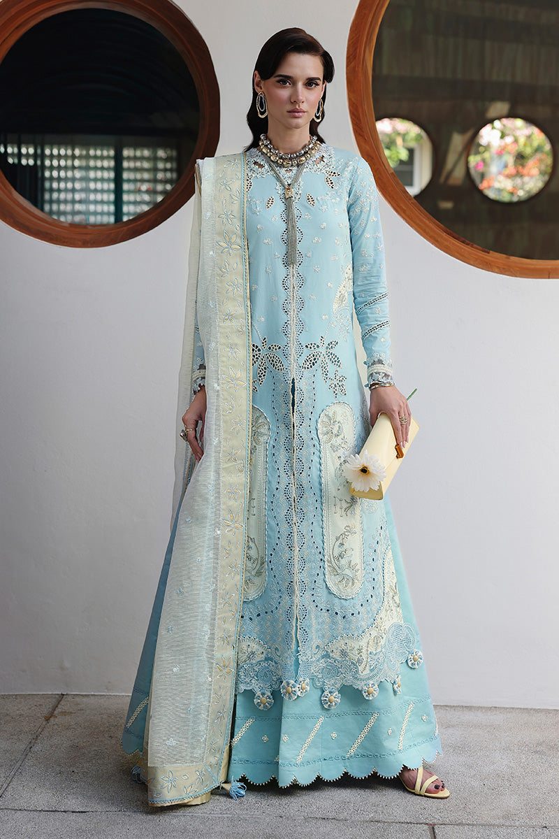 Model Wearing Light Blue Lawn Front Open Shirt - Qalamkar | Chikankari Eid Edit 26 |CM-05 NAYRA - Ladies Clothes - Maria Faisal