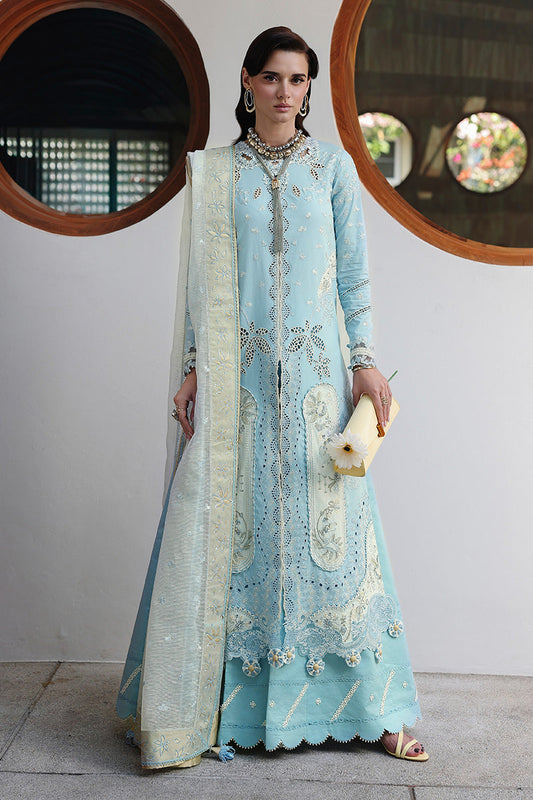  Model Wearing Light Blue Lawn Front Open Shirt - Qalamkar | Chikankari Eid Edit 26 |CM-05 NAYRA - Ladies Clothes - Maria Faisal