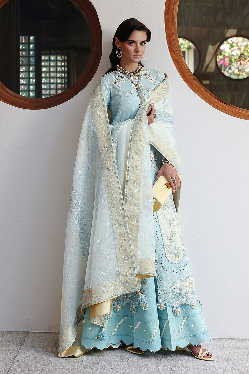  Model Wearing Light Blue Lawn Front Open Shirt - Qalamkar | Chikankari Eid Edit 26 |CM-05 NAYRA - Ladies Clothes - Maria Faisal
