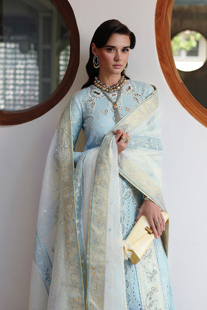  Model Wearing Light Blue Lawn Front Open Shirt - Qalamkar | Chikankari Eid Edit 26 |CM-05 NAYRA - Ladies Clothes - Maria Faisal