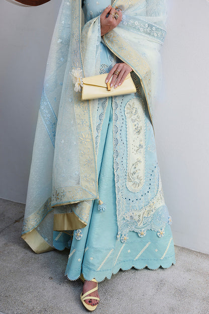  Model Wearing Light Blue Lawn Front Open Shirt - Qalamkar | Chikankari Eid Edit 26 |CM-05 NAYRA - Ladies Clothes - Maria Faisal