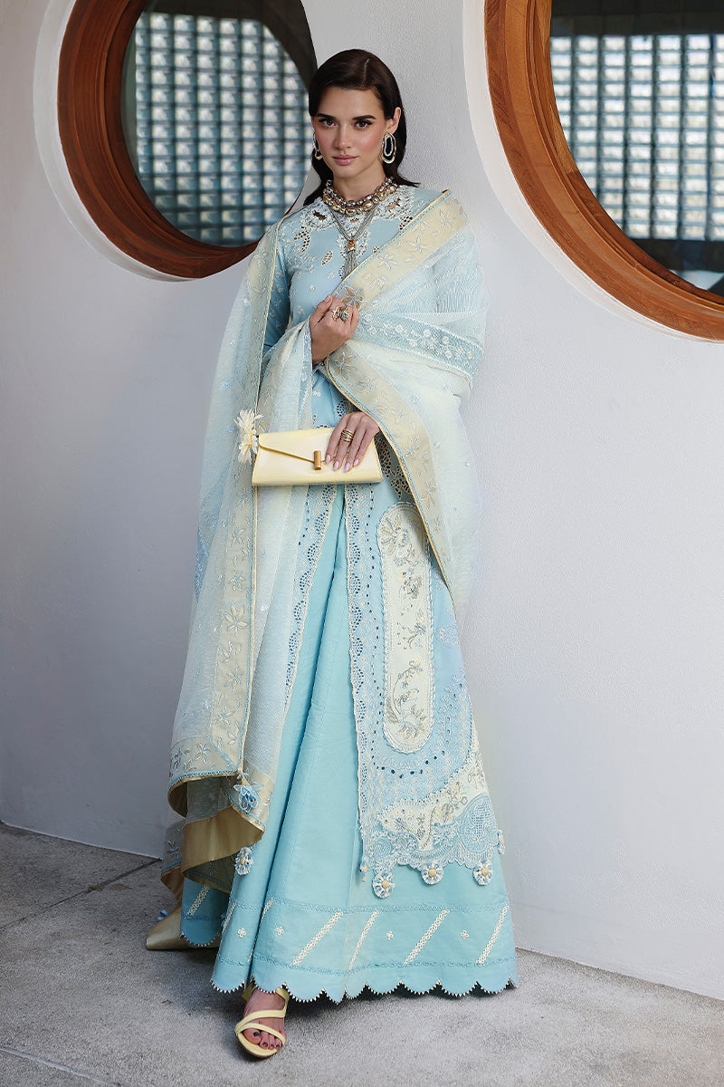  Model Wearing Light Blue Lawn Front Open Shirt - Qalamkar | Chikankari Eid Edit 26 |CM-05 NAYRA - Ladies Clothes - Maria Faisal