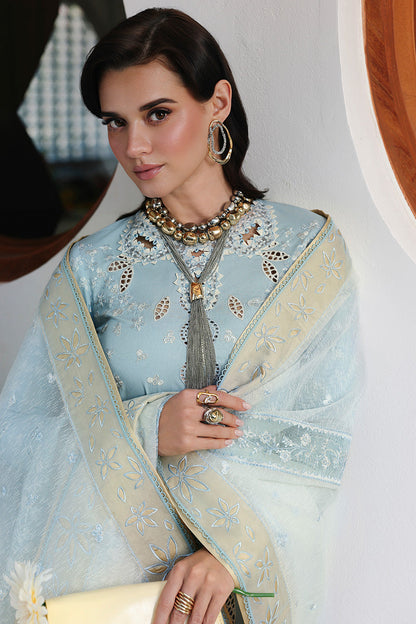  Model Wearing Light Blue Lawn Front Open Shirt - Qalamkar | Chikankari Eid Edit 26 |CM-05 NAYRA - Ladies Clothes - Maria Faisal