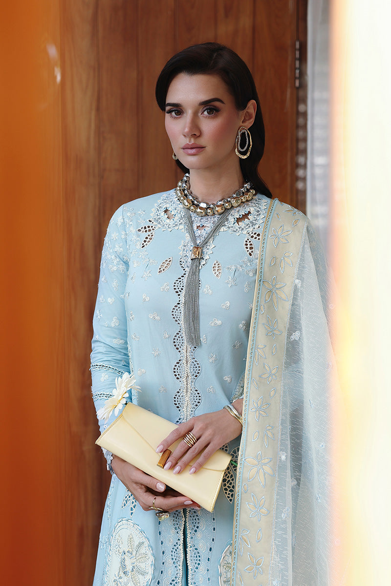  Model Wearing Light Blue Lawn Front Open Shirt - Qalamkar | Chikankari Eid Edit 26 |CM-05 NAYRA - Ladies Clothes - Maria Faisal